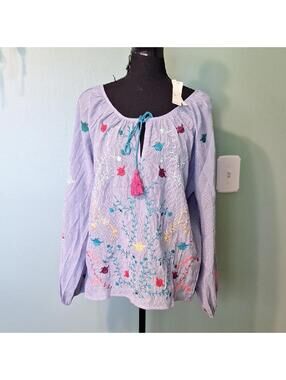 Nwt Lovestitch 100% Cotton Blue Striped Floral Embroidered Blouse Size Medium